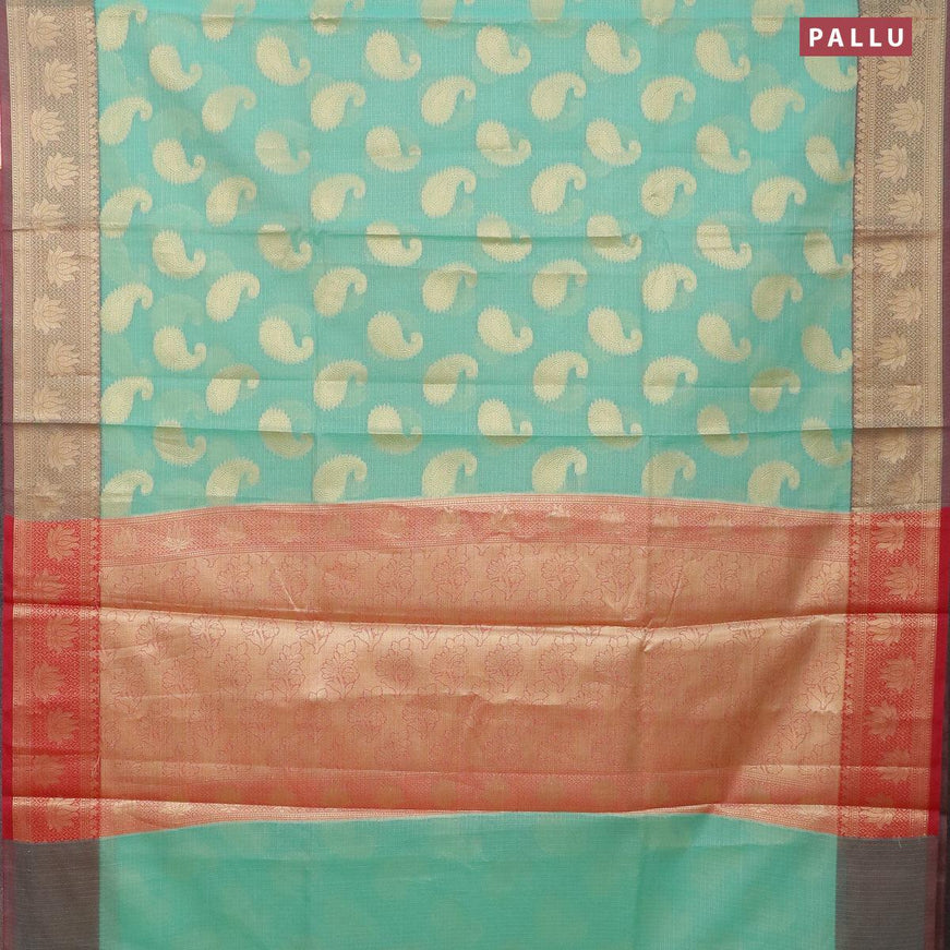 Banarasi kota saree teal blue and maroon with paisley zari woven buttas and floral zari woven border