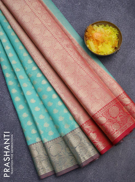 Banarasi kota saree teal blue and maroon with allover zari woven buttas and floral zari woven border