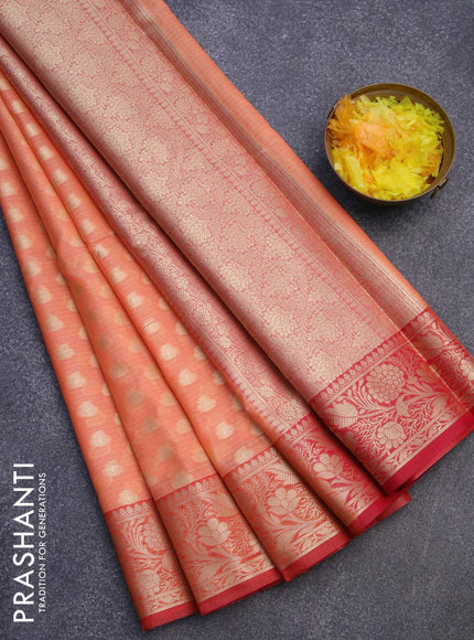 Banarasi kota saree peach orange and maroon with allover zari woven buttas and floral zari woven border