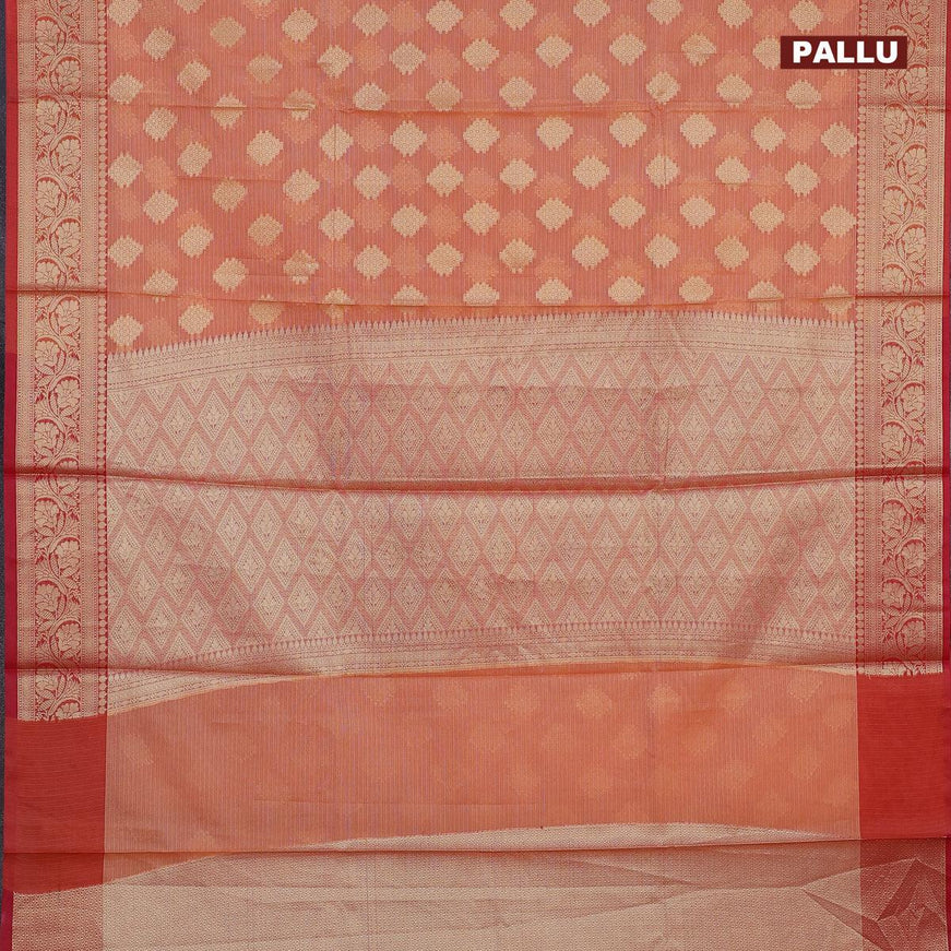 Banarasi kota saree peach orange and red with zari woven buttas and zari woven border