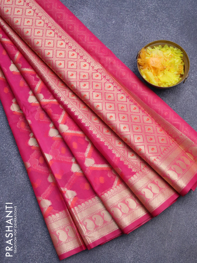 Banarasi kota saree pink with allover thread & zari weaves and paisley zari woven border