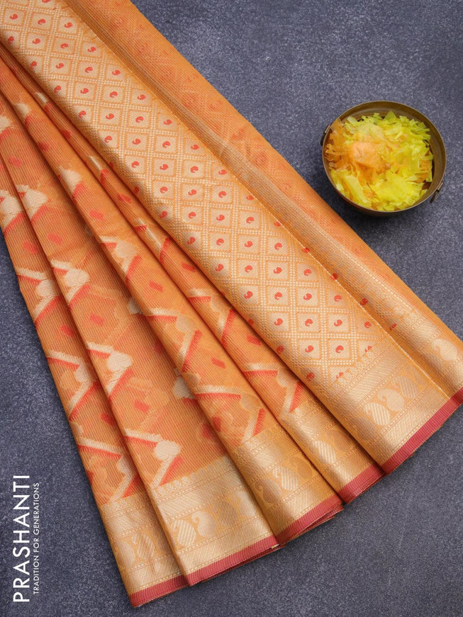 Banarasi kota saree mustard yellow and maroon with allover thread & zari weaves and paisley zari woven border