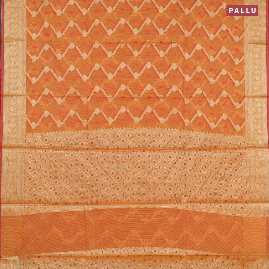 Banarasi kota saree mustard yellow and maroon with allover thread & zari weaves and paisley zari woven border