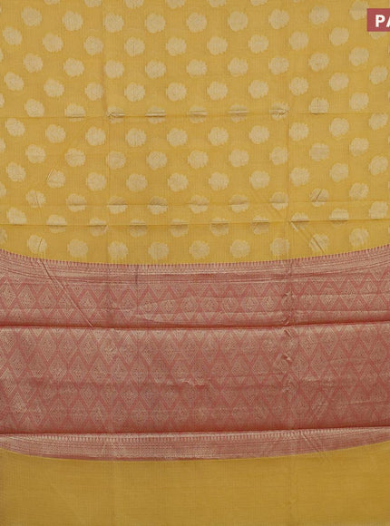 Banarasi kota saree yellow and pink with zari woven floral buttas and floral zari woven border