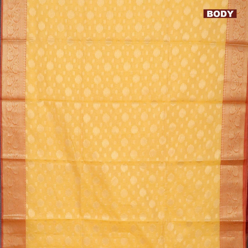 Banarasi kota saree yellow and pink with floral zari woven buttas and floral zari woven border