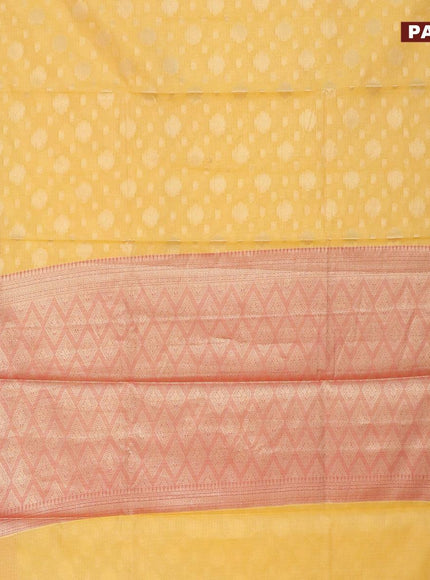 Banarasi kota saree yellow and pink with floral zari woven buttas and floral zari woven border