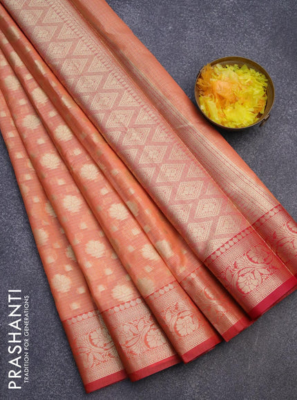 Banarasi kota saree peach orange and red with floral zari woven buttas and floral zari woven border