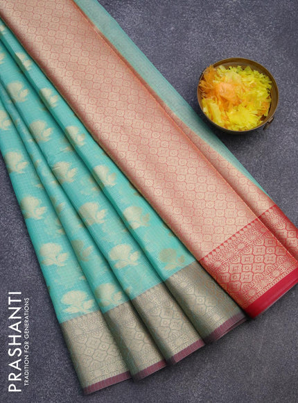 Banarasi kota saree teal blue and maroon shade with floral zari woven buttas and zari woven border