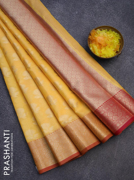 Banarasi kota saree mango yellow and pink with floral zari woven buttas and zari woven border