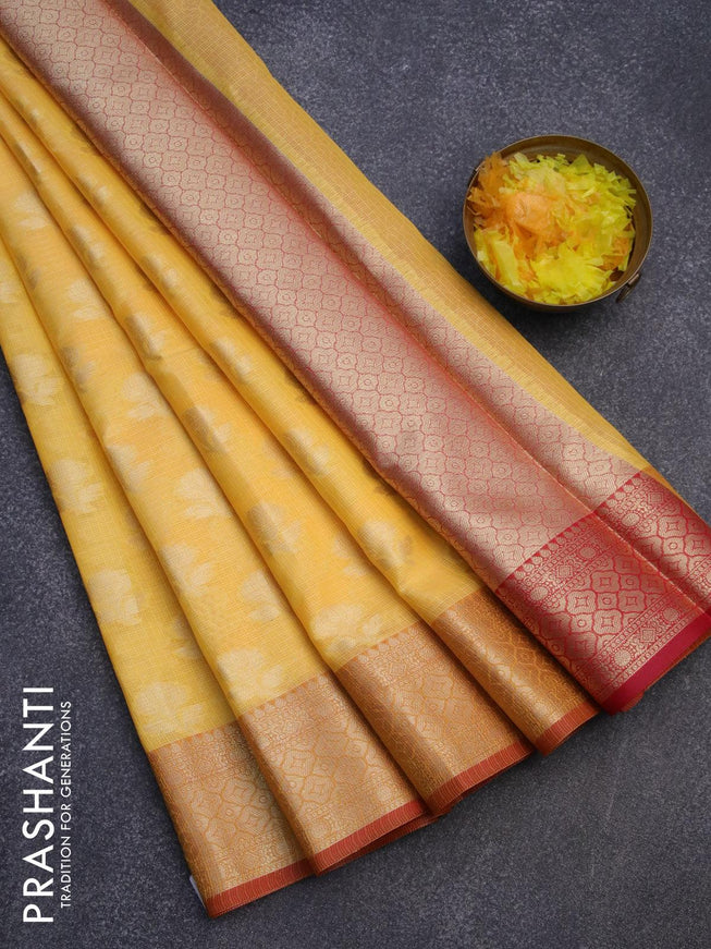 Banarasi kota saree mango yellow and pink with floral zari woven buttas and zari woven border