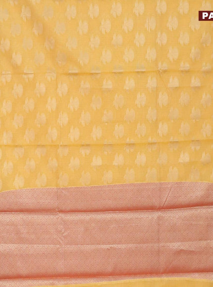 Banarasi kota saree mango yellow and pink with floral zari woven buttas and zari woven border