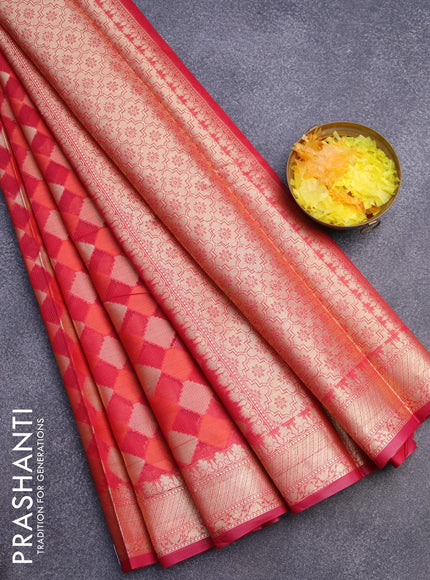 Banarasi kota saree reddish pink with allover zari woven geometric weaves and zari woven border