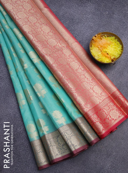 Banarasi kota saree teal blue and red with zari woven floral buttas and zari woven floral border