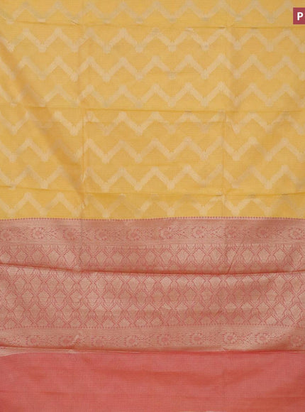 Banarasi kota saree yellow and pink with allover zari woven zig zag weaves and zari woven border