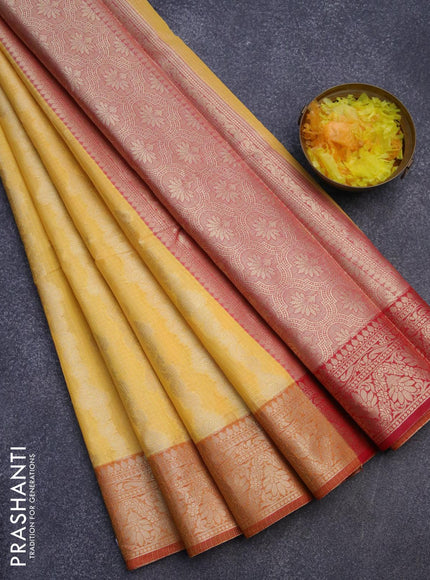 Banarasi kota saree yellow and red with allover zari weaves and zari woven border