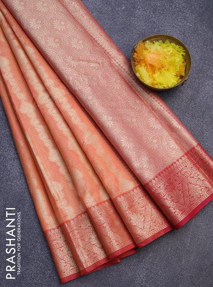 Banarasi kota saree peach orange and reddish pink with allover zari weaves and zari woven border