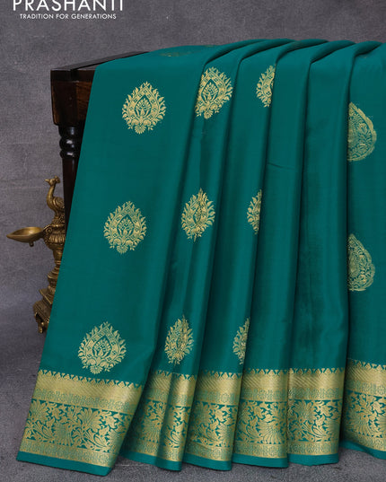 Pure mysore silk saree teal green with zari woven buttas and zari woven floral border