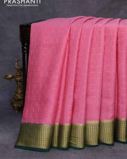 Pure mysore silk saree peach pink and green with allover zig zag zari weaves and zari woven border