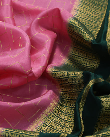 Pure mysore silk saree peach pink and green with allover zig zag zari weaves and zari woven border