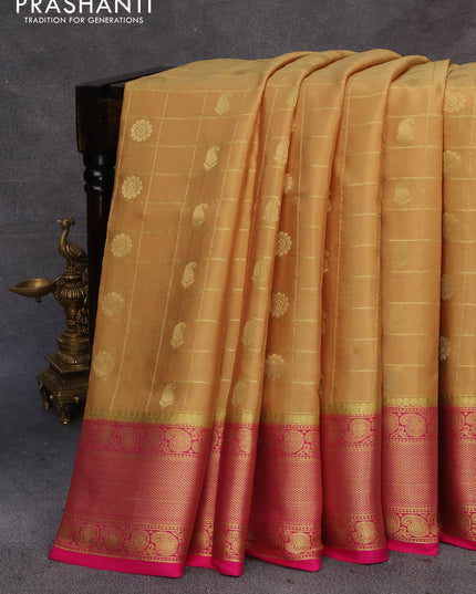 Pure mysore silk saree sandal and pink with allover zari checks & buttas and paisley zari woven border
