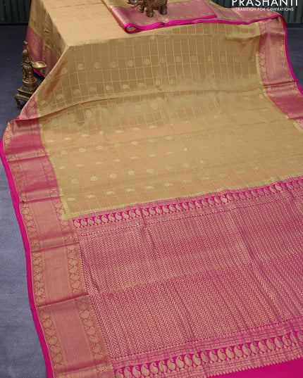 Pure mysore silk saree sandal and pink with allover zari checks & buttas and paisley zari woven border