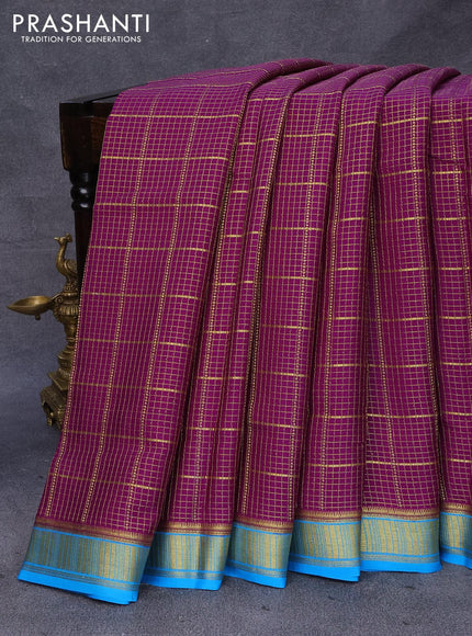 Pure mysore silk saree purple and cs blue with allover zari checked pattern and zari woven border