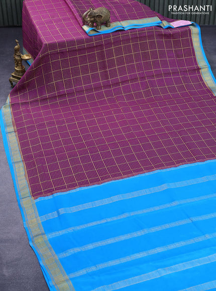 Pure mysore silk saree purple and cs blue with allover zari checked pattern and zari woven border