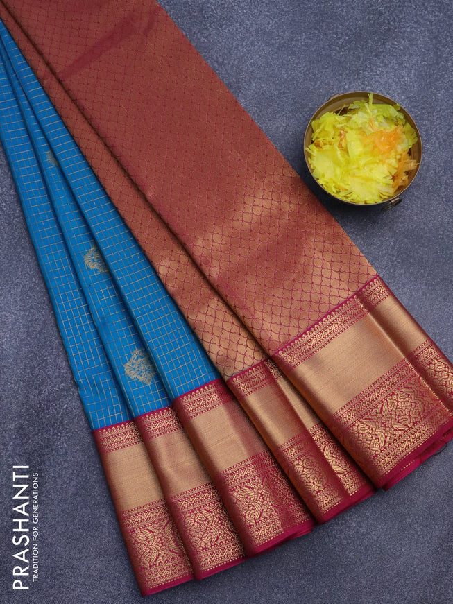 Semi kanjivaram silk saree cs blue and magenta pink with allover zari checks & buttas and zari woven korvai border
