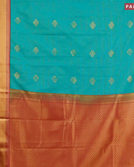 Semi kanjivaram silk saree teal green shade and magenta pink with allover zari checks & buttas and zari woven korvai border