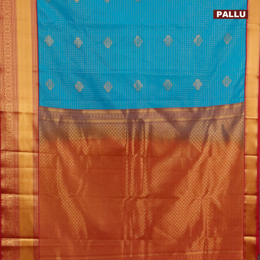 Semi kanjivaram silk saree cs blue and magenta pink with allover zari checks & buttas and zari woven korvai border