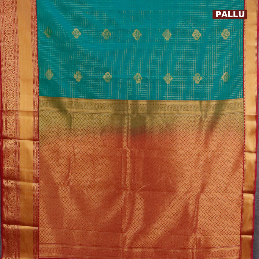 Semi kanjivaram silk saree green and magenta pink with allover zari checks & buttas and zari woven korvai border
