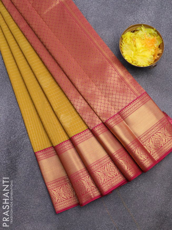 Semi kanjivaram silk saree mustard yellow and dark pink with allover zari checks & buttas and zari woven korvai border