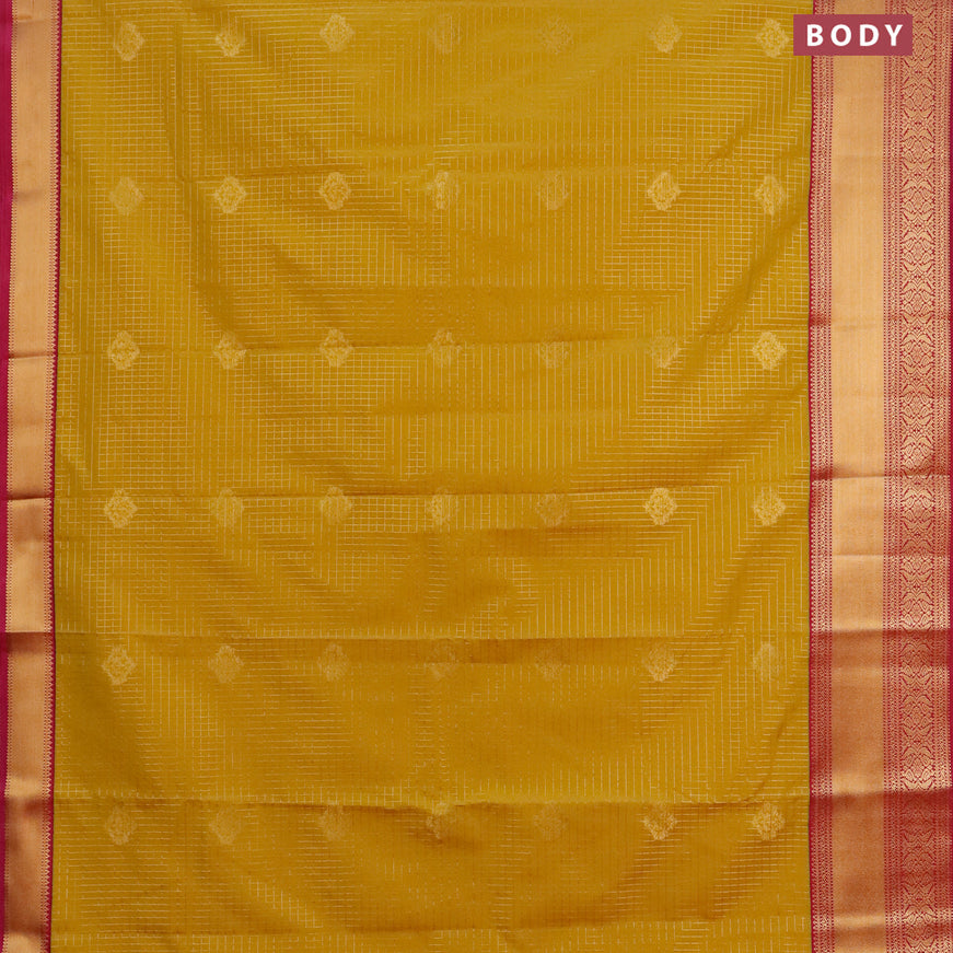 Semi kanjivaram silk saree mustard yellow and dark pink with allover zari checks & buttas and zari woven korvai border