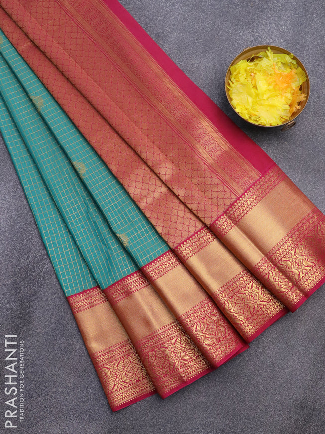 Semi kanjivaram silk saree teal green and dark pink with allover zari checks & buttas and zari woven korvai border