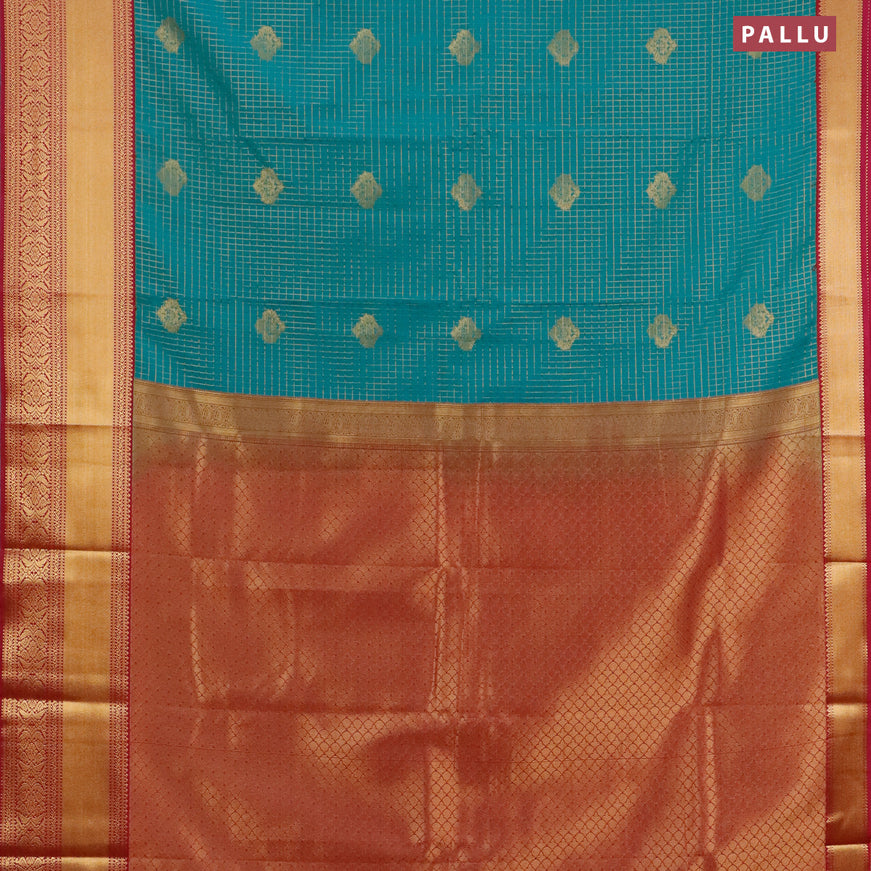Semi kanjivaram silk saree teal green and dark pink with allover zari checks & buttas and zari woven korvai border