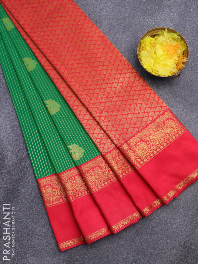 Semi kanjivaram silk saree green and red with allover zari weaves & annam buttas and rettapet zari woven korvai border