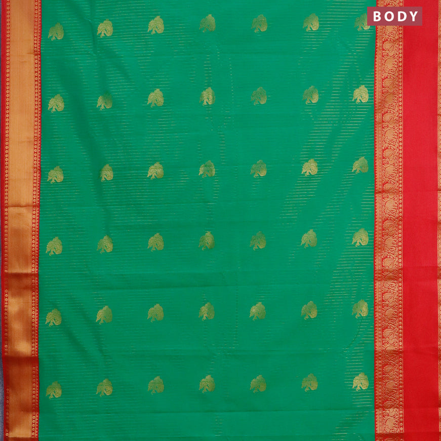 Semi kanjivaram silk saree green and red with allover zari weaves & annam buttas and rettapet zari woven korvai border