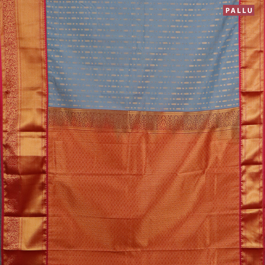 Semi kanjivaram silk saree grey and pink with allover zari weaves and long zari woven korvai border