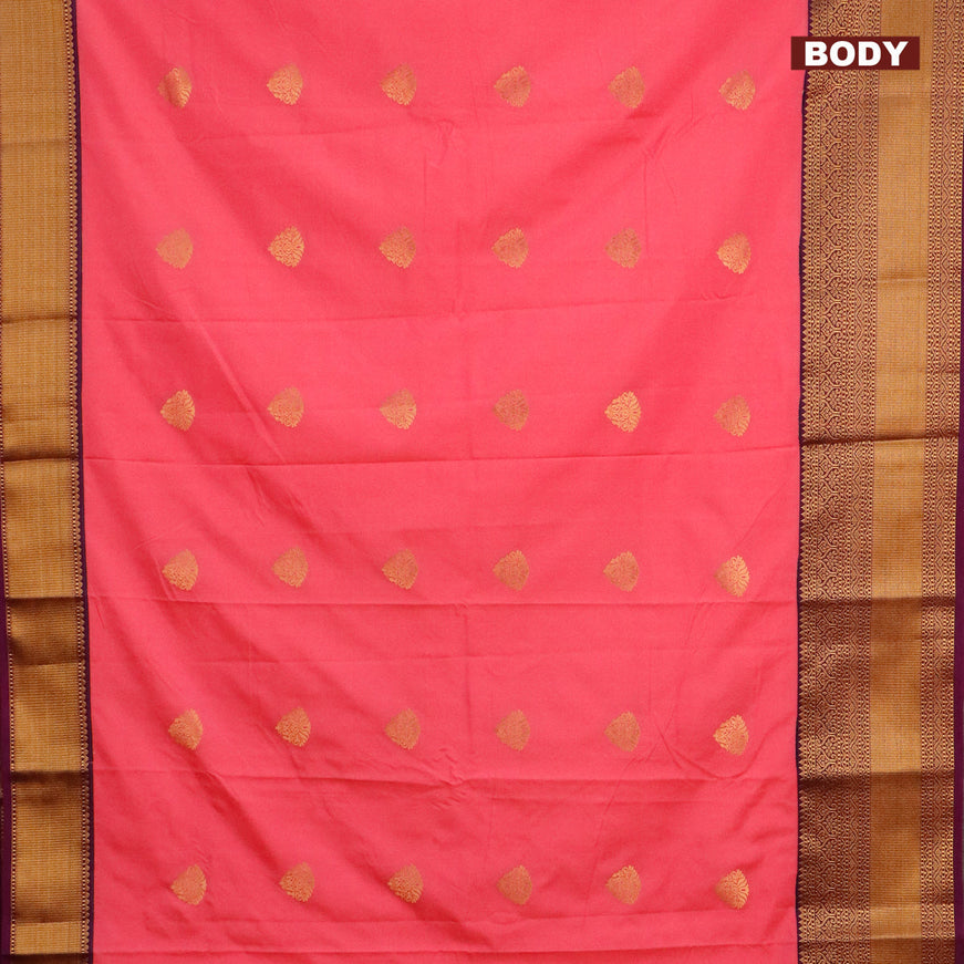 Semi kanjivaram silk saree pink and deep purple with zari woven buttas and zari woven korvai border