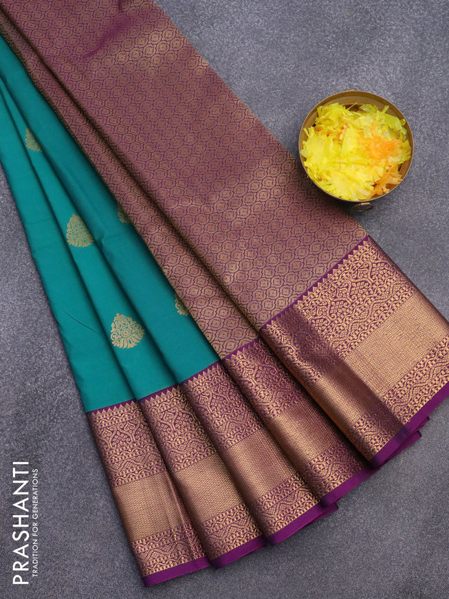 Semi kanjivaram silk saree teal green and deep purple with zari woven buttas and zari woven korvai border