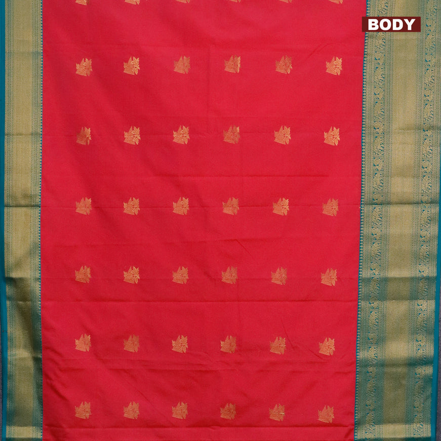 Semi kanjivaram silk saree pink and teal blue with allover zari checks & buttas and zari woven korvai border