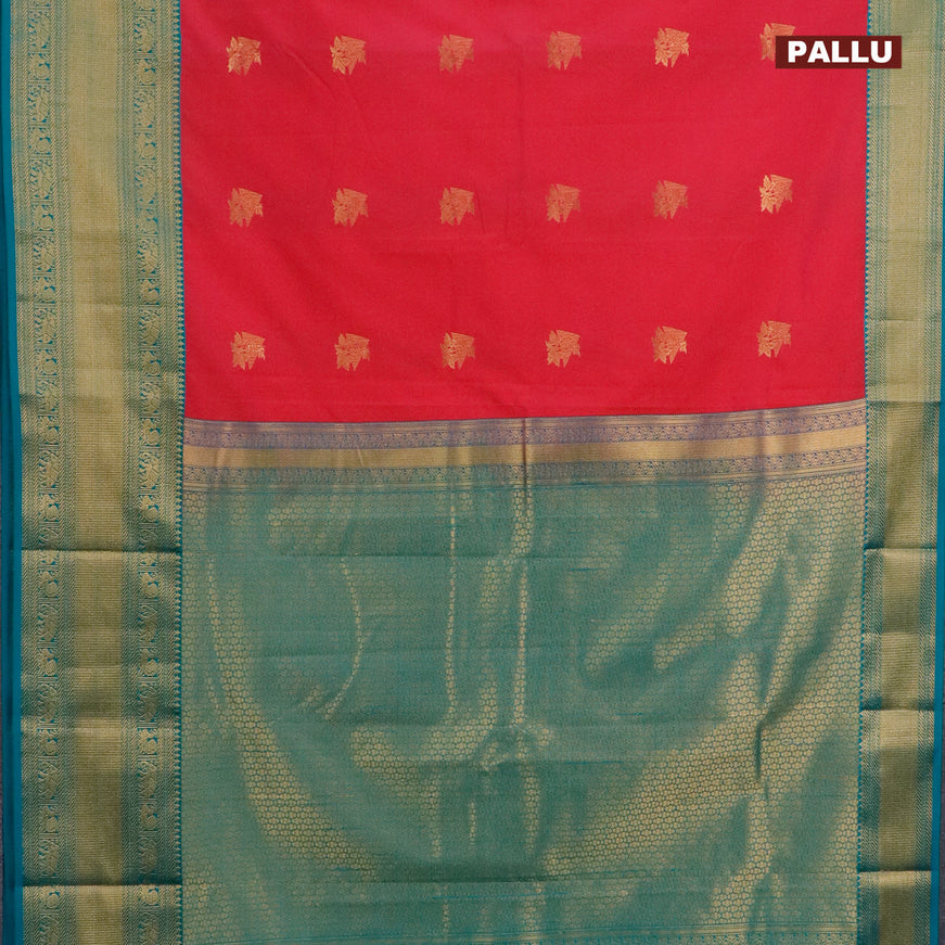 Semi kanjivaram silk saree pink and teal blue with allover zari checks & buttas and zari woven korvai border