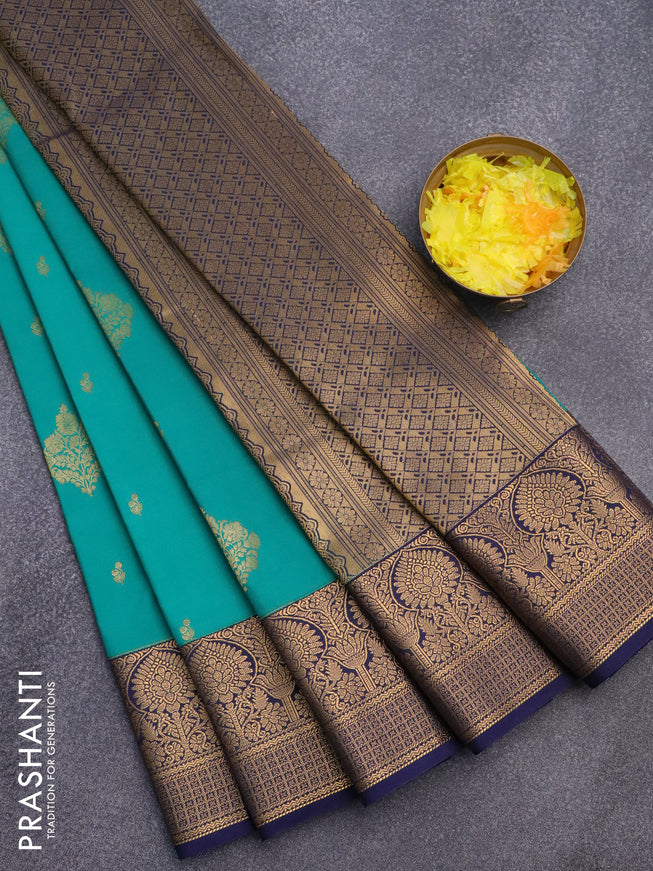 Semi kanjivaram silk saree teal green and blue with zari woven buttas and zari woven korvai border