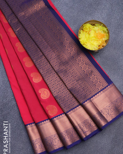 Semi kanjivaram silk saree pink and blue with copper zari woven paisley buttas and copper zari woven korvai border