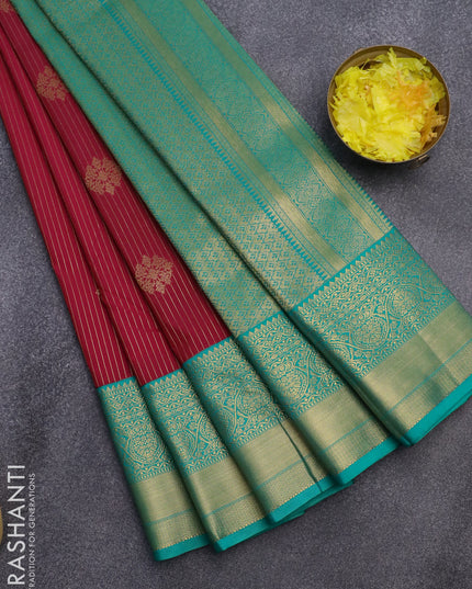 Semi kanjivaram silk saree reddish pink and teal green with allover zari weaves & buttas and zari woven korvai border