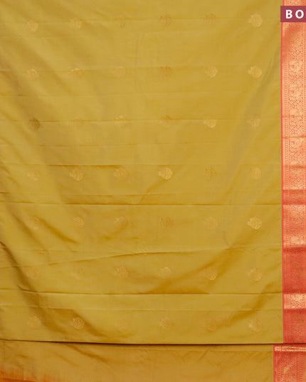 Semi kanjivaram silk saree sandal and peach pink with zari woven buttas and zari woven korvai border