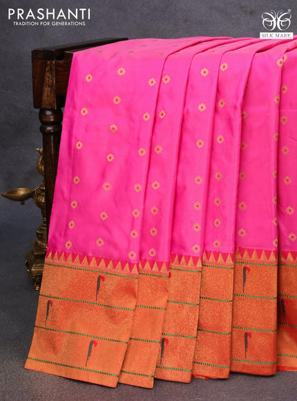 Pure paithani silk saree pink and red with allover zari woven floral buttas and zari woven paithani butta border