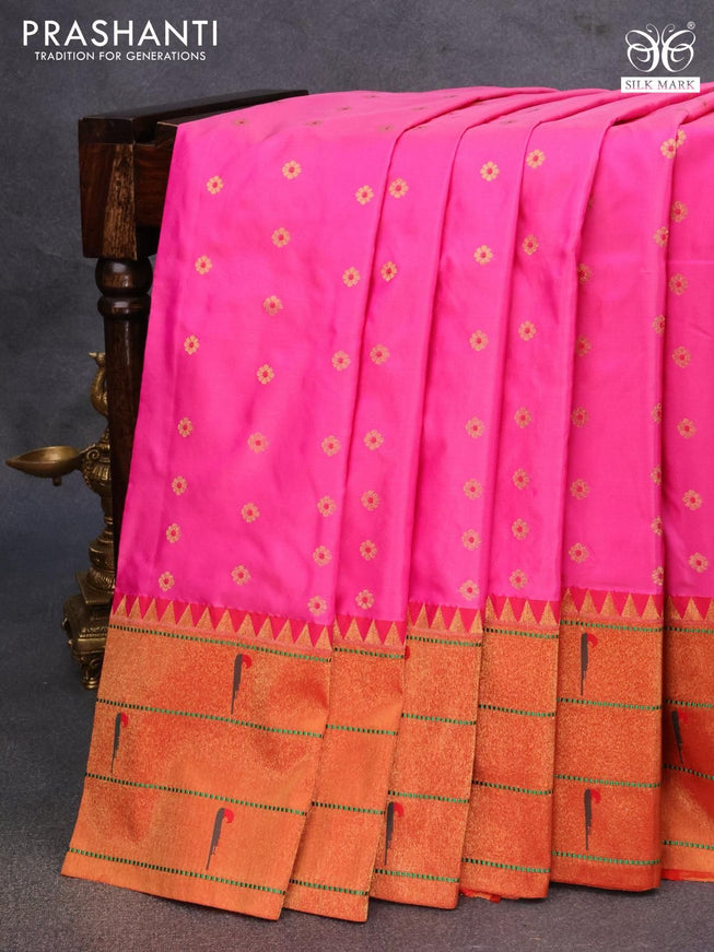 Pure paithani silk saree pink and red with allover zari woven floral buttas and zari woven paithani butta border