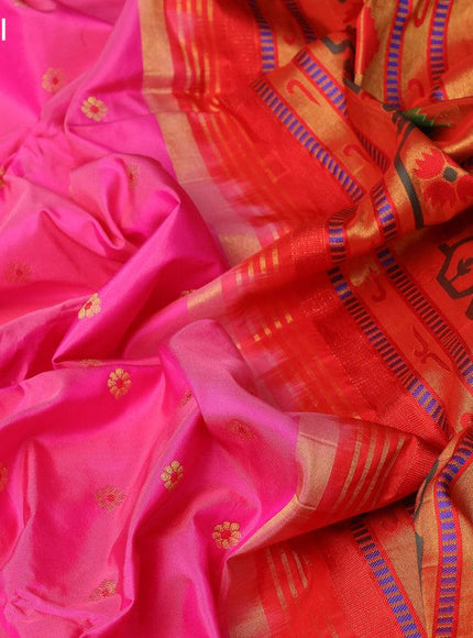 Pure paithani silk saree pink and red with allover zari woven floral buttas and zari woven paithani butta border