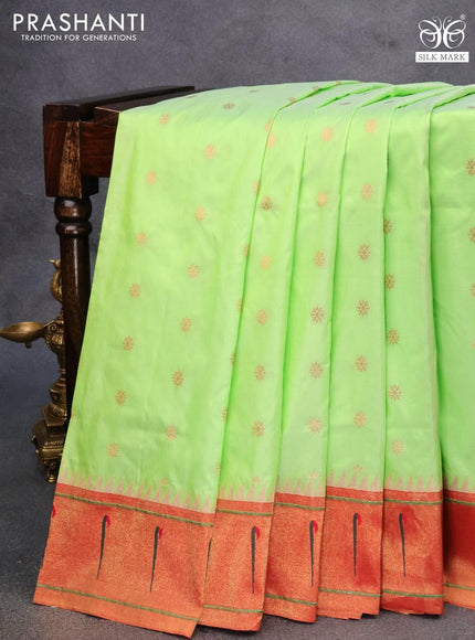 Pure paithani silk saree fluorescent green and red with allover zari woven floral buttas and zari woven paithani butta border